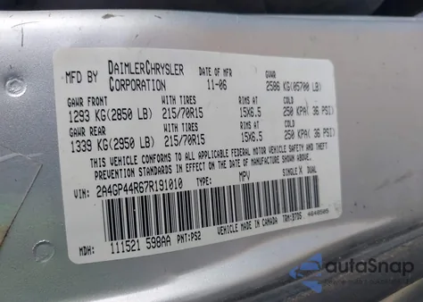 2007 Chrysler Town & Country Lx из США, поврежденный, VIN 2A4GP44R67R191010